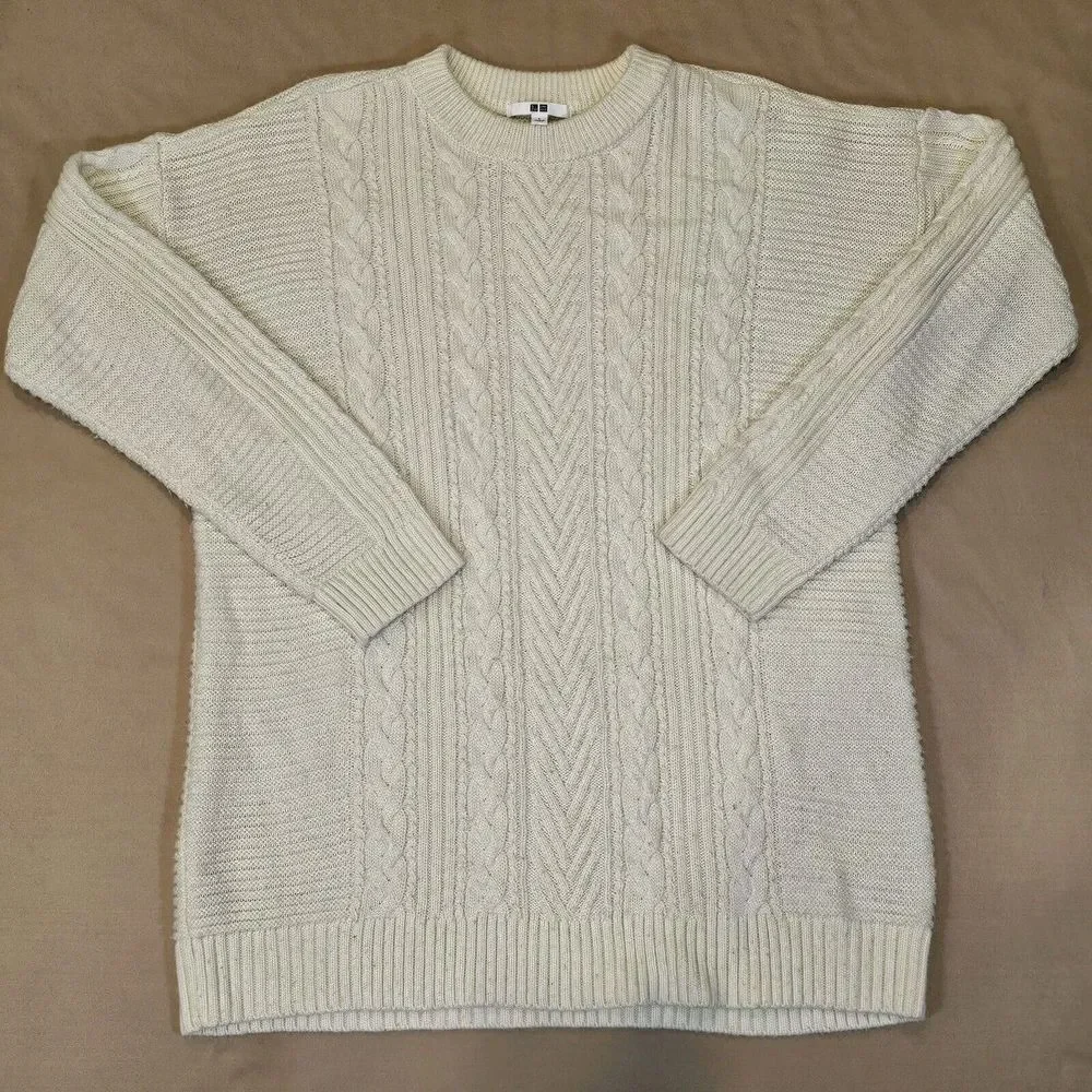 Uniqlo Cream Cable Knit Sweater Womens Chunky Wool Acrylic Blend Crew Neck Large